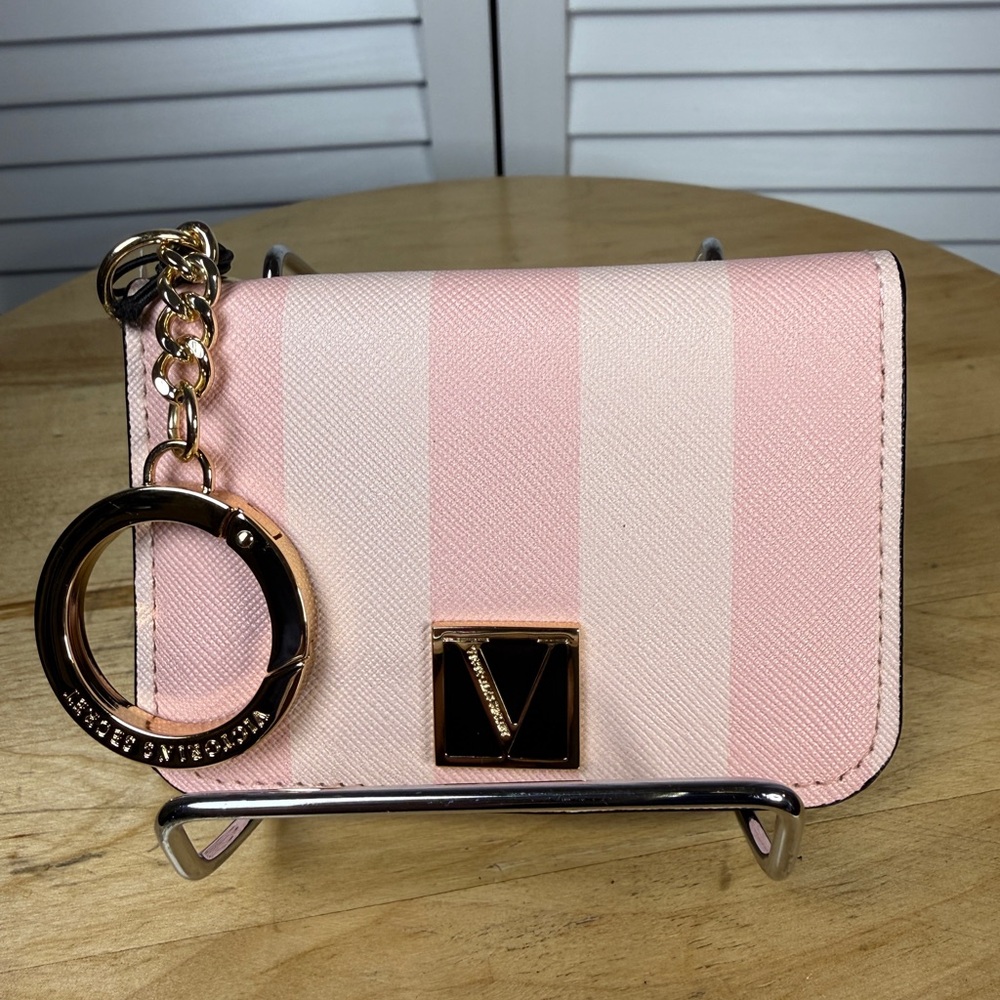 Victoria's Secret v Logo Pink Cream Striped Wallet Keychain